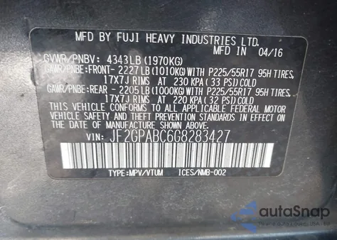 2016 Subaru Crosstrek 2.0I Premium from USA, damaged, VIN JF2GPABC6G8283427